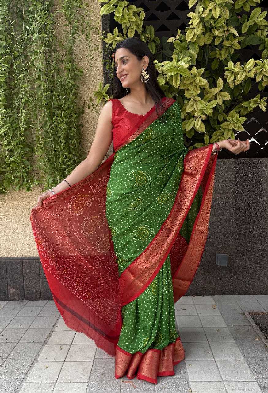 YNF SILK KESH117 RWC35 SAREES WHOLESALE SILK ZARI BORDER SILK BANDHANI GREEN SAREES MANUFACTURER- Kapda Export