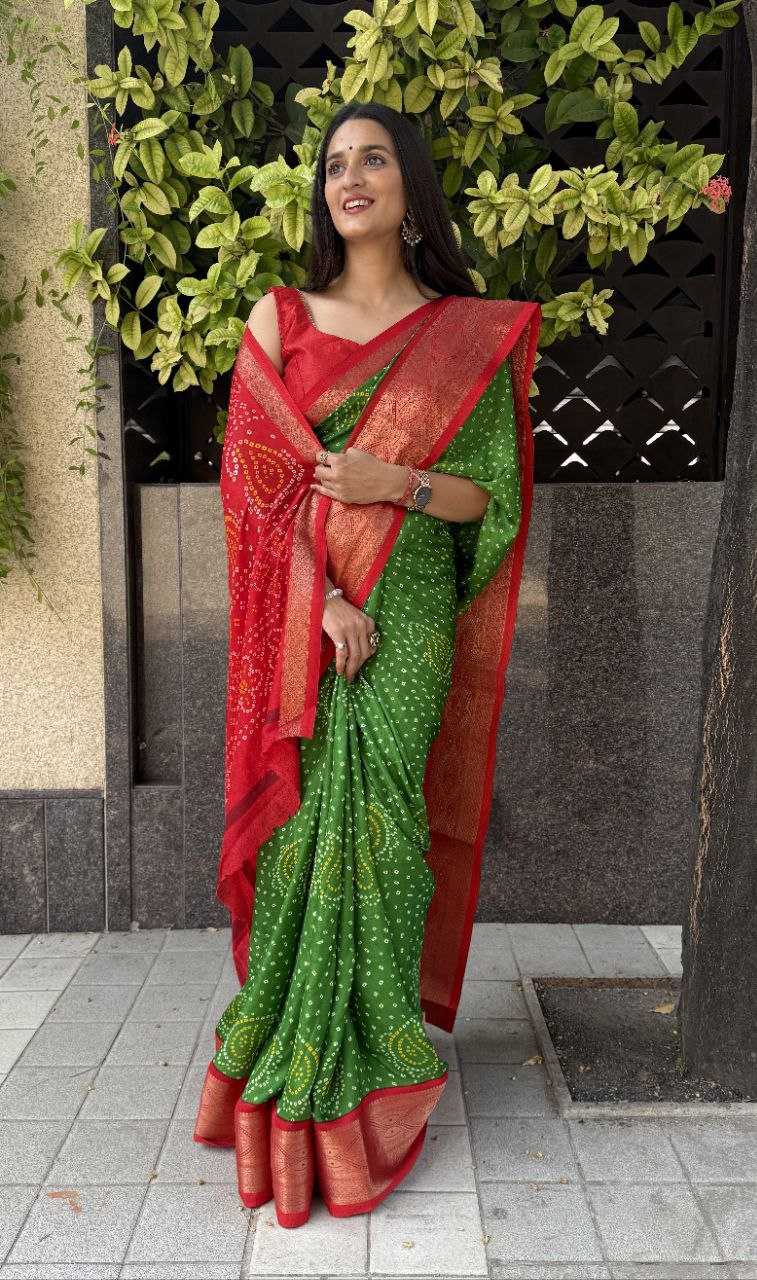 YNF SILK KESH117 RWC35 SAREES WHOLESALE SILK ZARI BORDER SILK BANDHANI GREEN SAREES MANUFACTURER- Kapda Export