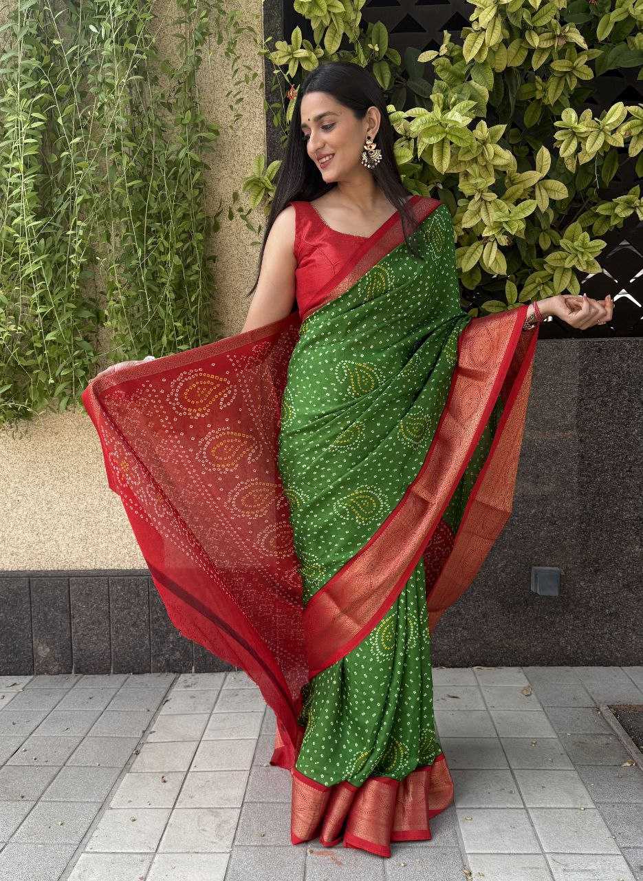 YNF SILK KESH117 RWC35 SAREES WHOLESALE SILK ZARI BORDER SILK BANDHANI GREEN SAREES MANUFACTURER- Kapda Export