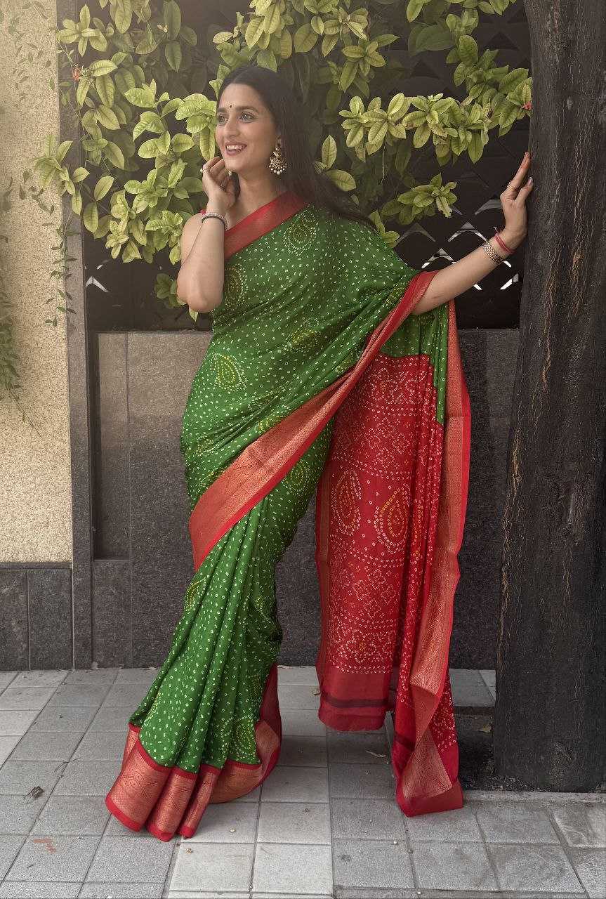 YNF SILK KESH117 RWC35 SAREES WHOLESALE SILK ZARI BORDER SILK BANDHANI GREEN SAREES MANUFACTURER- Kapda Export