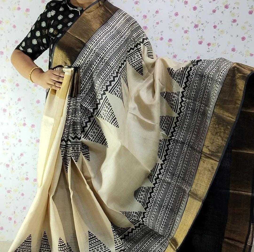 YNF TUSSAR SILK RIN149 MKD149 SILK SAREES WHOLESALE TUSSAR SILK ZARI BORDER SILK PRINTED SILK HANDLOOM SAREES MANUFACTURER- Kapda Export