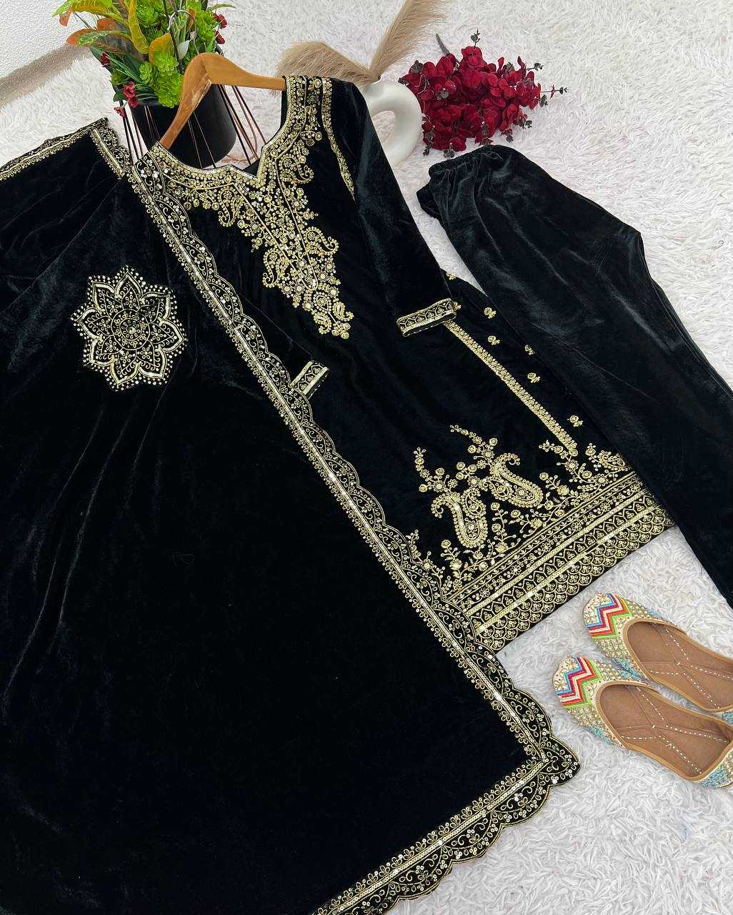 YNF VELVET KESH122 399 SUITS & DRESSES WHOLESALE EMBROPIDERY VELVET PARTY WEAR BLACK SUITS MANUFACTURE- Kapda Export