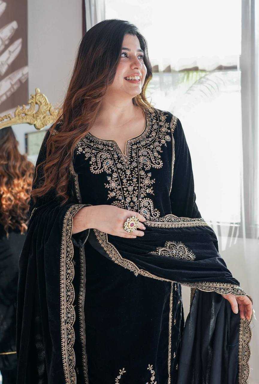 YNF VELVET KESH122 399 SUITS & DRESSES WHOLESALE EMBROPIDERY VELVET PARTY WEAR BLACK SUITS MANUFACTURE- Kapda Export