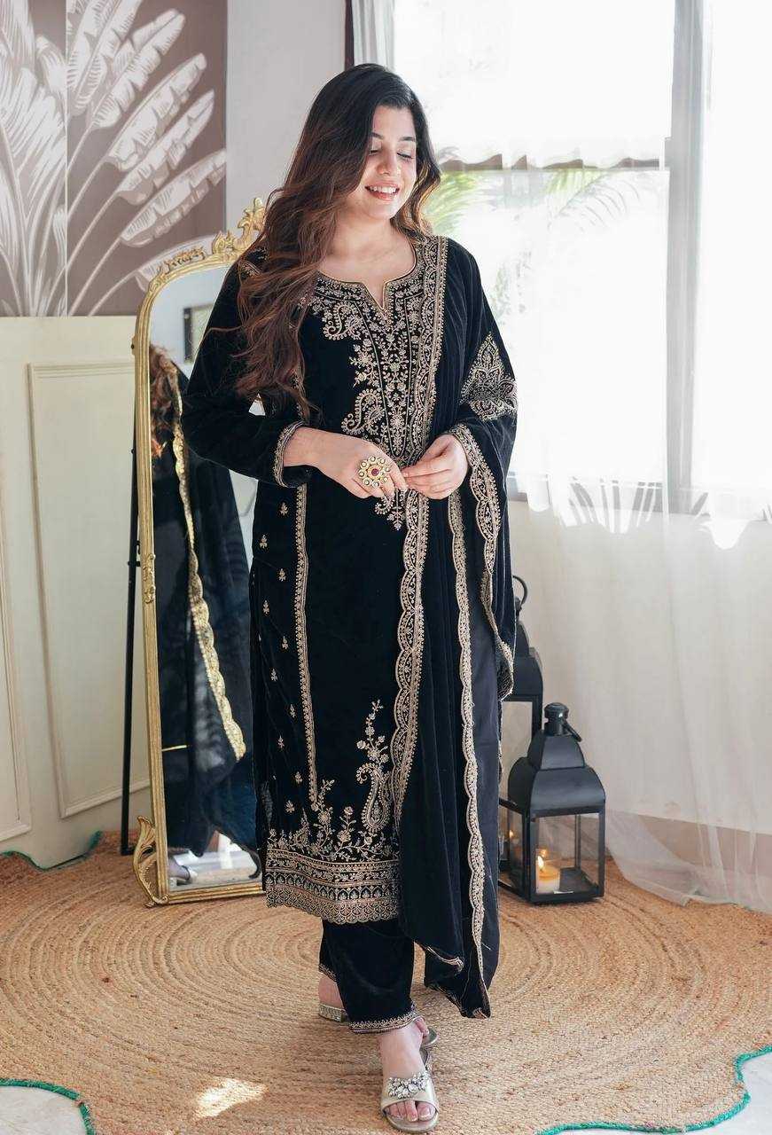 YNF VELVET KESH122 399 SUITS & DRESSES WHOLESALE EMBROPIDERY VELVET PARTY WEAR BLACK SUITS MANUFACTURE- Kapda Export