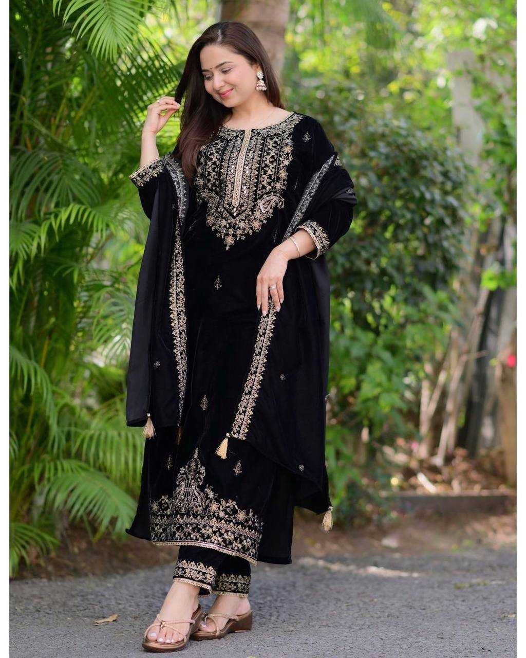 YNF VELVET KESH123 5213 SUITS & DRESSES WHOLESALE EMBROIDEREY PARTY WEAR BLACK SALWAR VELVET SUITS MANUFACTURE- Kapda Export