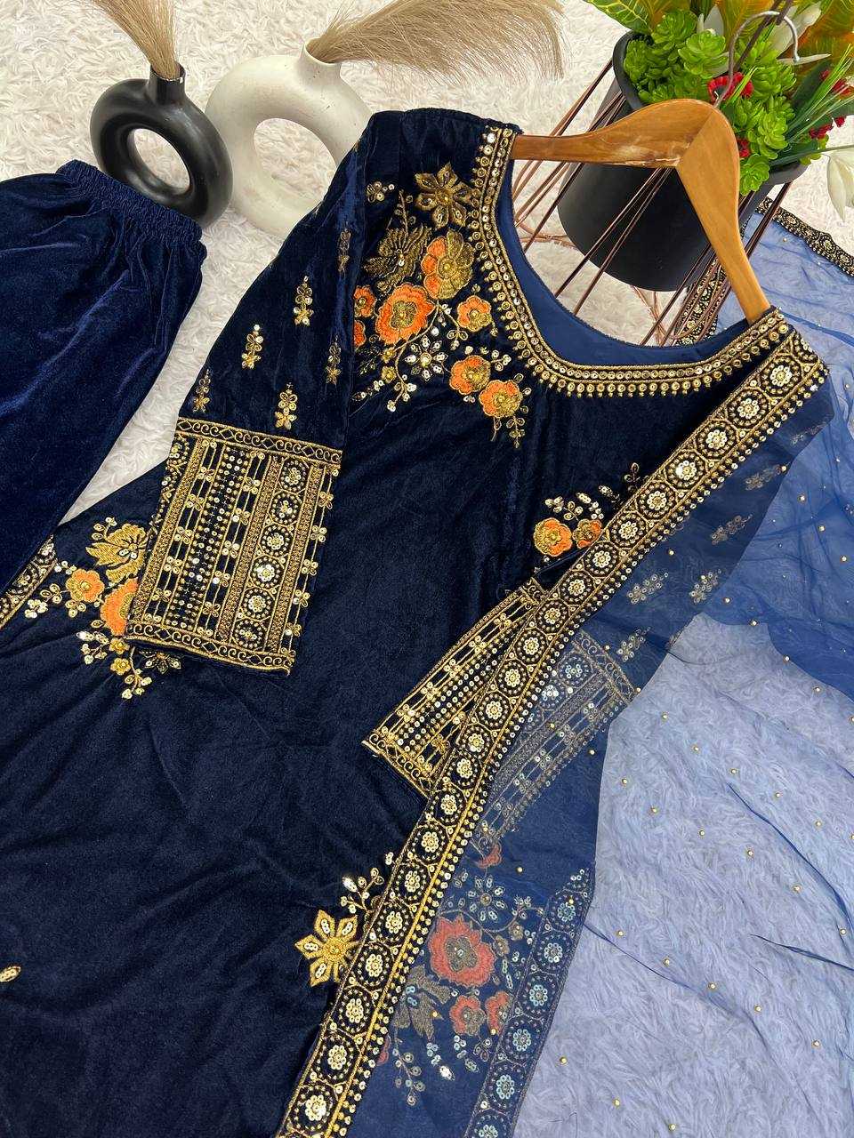 YNF VELVET KESH124 829 SUITS & DRESSES WHOLESALE EMBROIDEREY PARTY WEAR BLUE SALWAR VELVET SUITS MANUFACTURE- Kapda Export