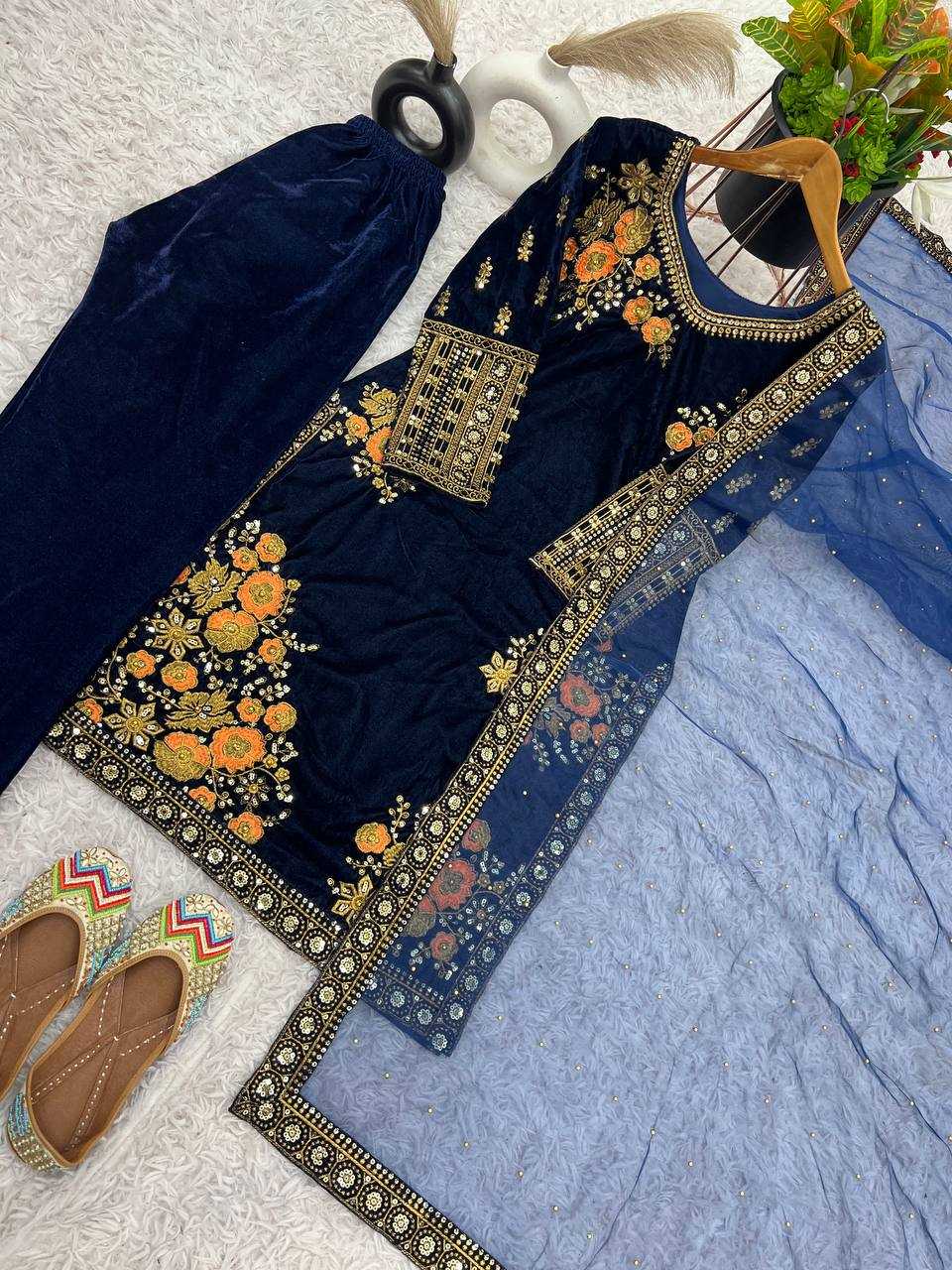 YNF VELVET KESH124 829 SUITS & DRESSES WHOLESALE EMBROIDEREY PARTY WEAR BLUE SALWAR VELVET SUITS MANUFACTURE- Kapda Export