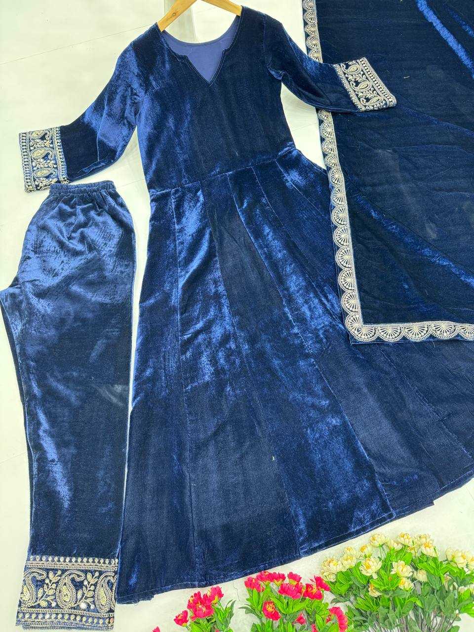 YNF VELVET KESH139 1662 GOWNS WHOLESALE BLUE ANARAKLI VELVET MANUFACTURER- Kapda Export