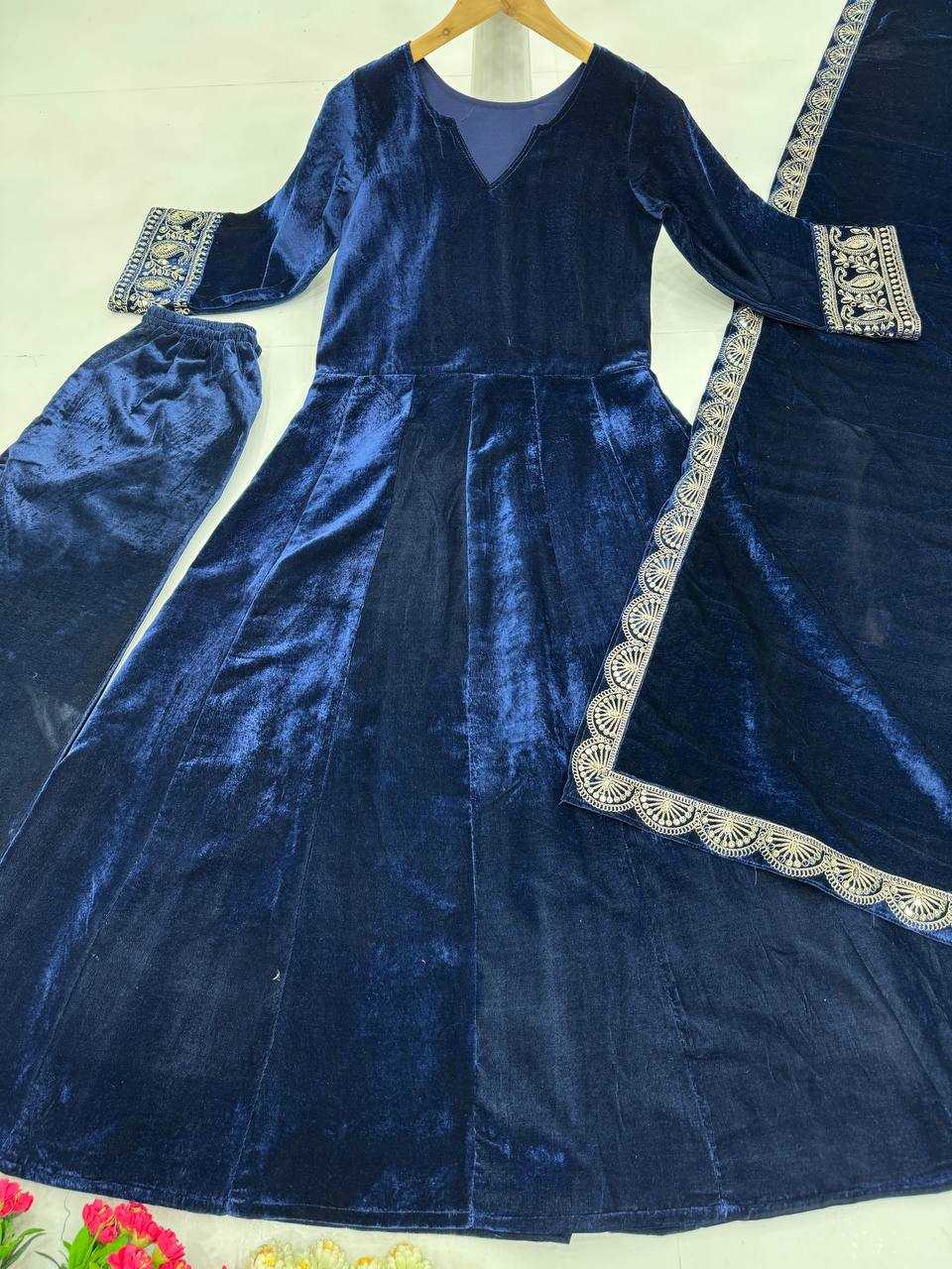 YNF VELVET KESH139 1662 GOWNS WHOLESALE BLUE ANARAKLI VELVET MANUFACTURER- Kapda Export