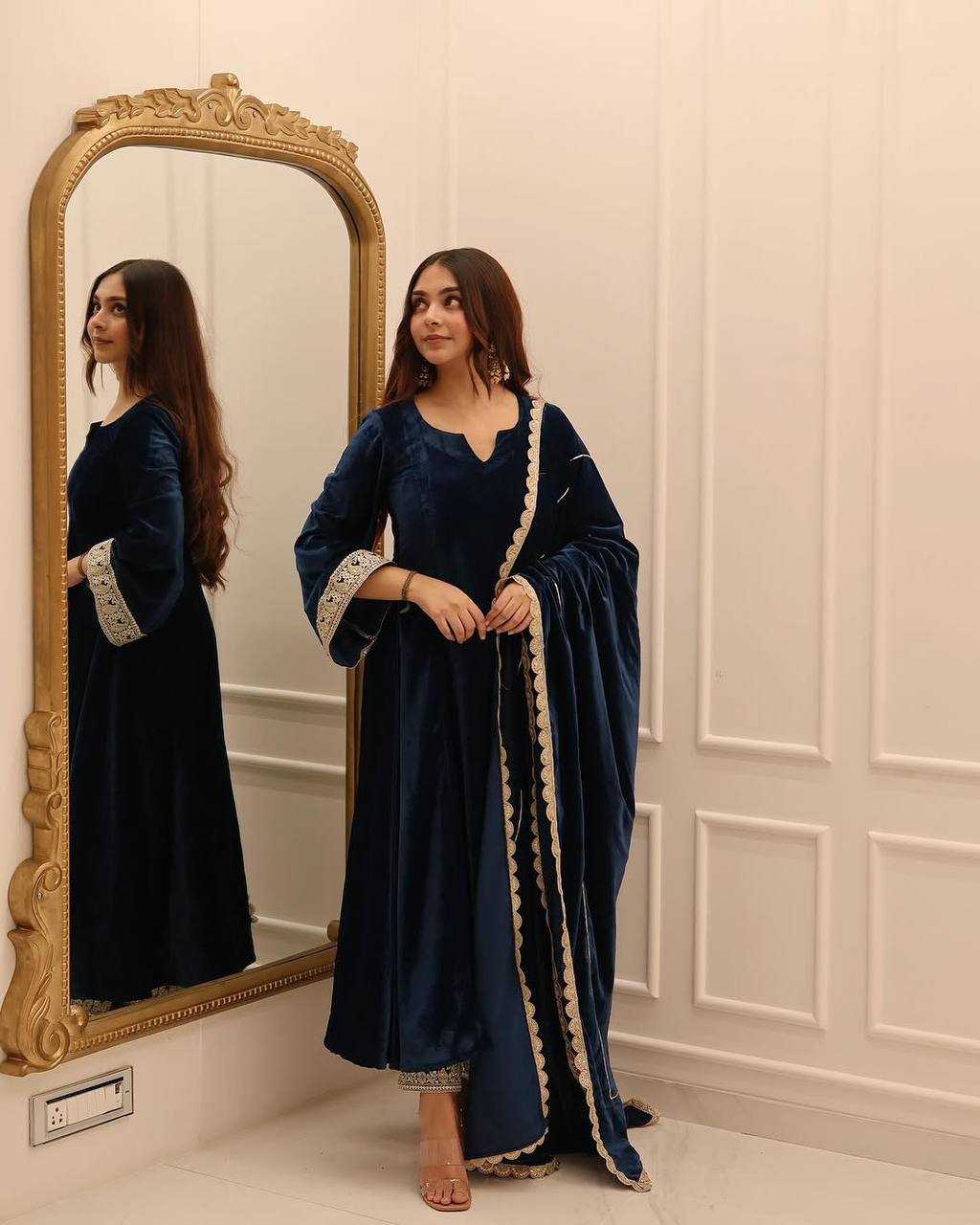 YNF VELVET KESH139 1662 GOWNS WHOLESALE BLUE ANARAKLI VELVET MANUFACTURER- Kapda Export