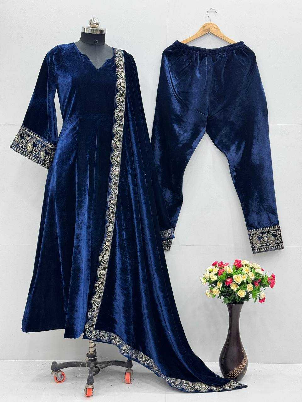 YNF VELVET KESH139 1662 GOWNS WHOLESALE BLUE ANARAKLI VELVET MANUFACTURER- Kapda Export