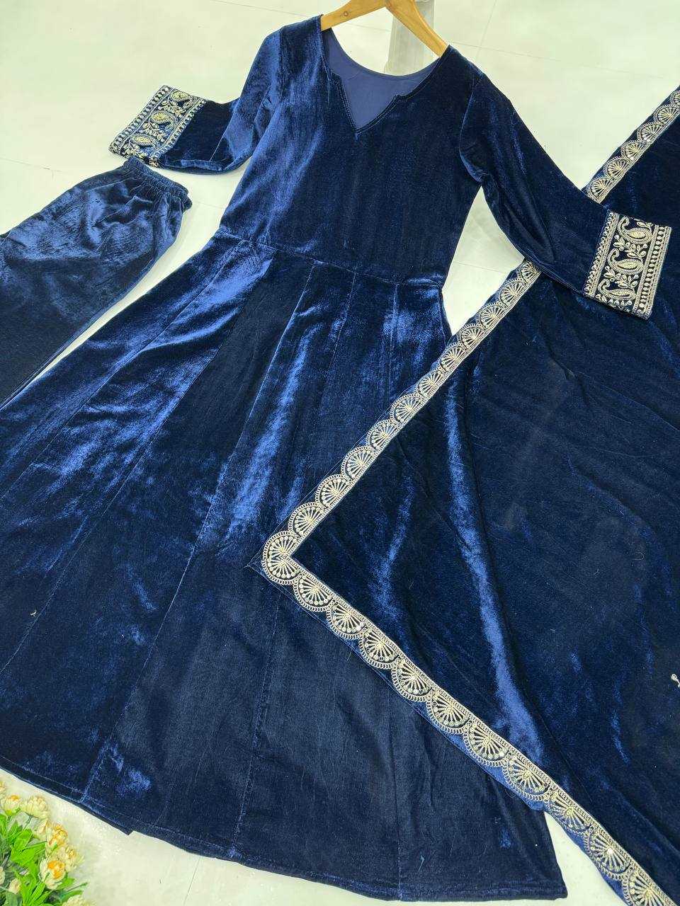 YNF VELVET KESH139 1662 GOWNS WHOLESALE BLUE ANARAKLI VELVET MANUFACTURER- Kapda Export