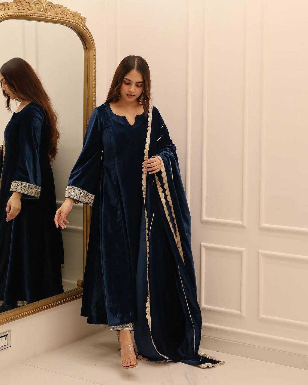 YNF VELVET KESH139 1662 GOWNS WHOLESALE BLUE ANARAKLI VELVET MANUFACTURER- Kapda Export