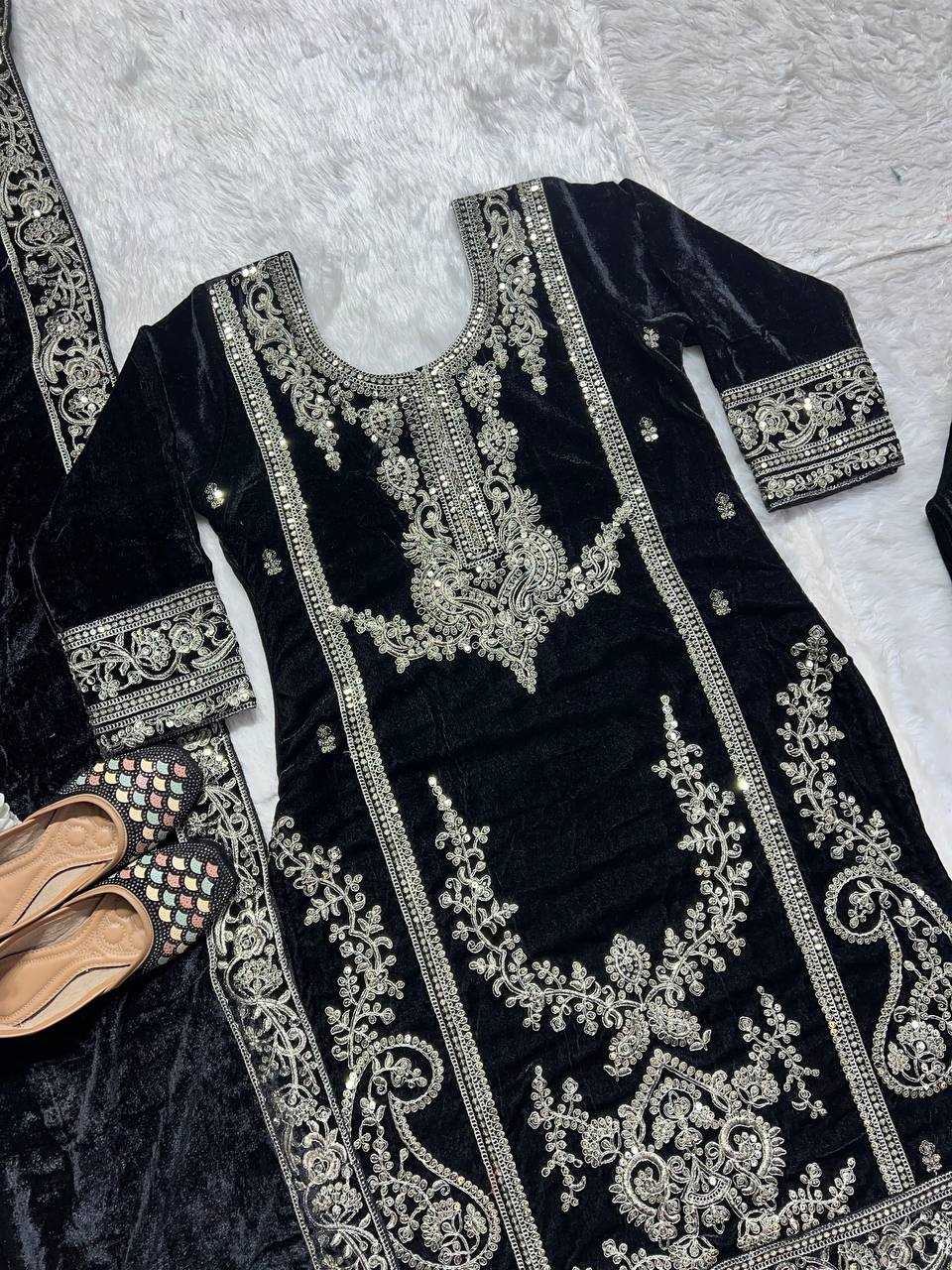 YNF VELVET KESH145 3025 SUITS & DRESSES WHOLESALE EMBROIDERED VELVET PARTY WEAR BLACK SUITS MANUFACTURE- Kapda Export