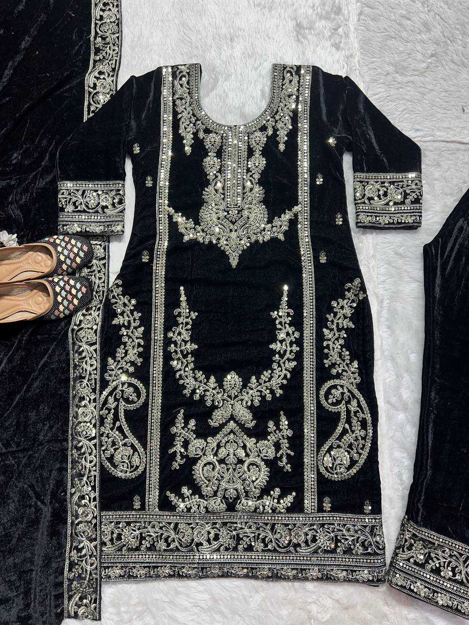 YNF VELVET KESH145 3025 SUITS & DRESSES WHOLESALE EMBROIDERED VELVET PARTY WEAR BLACK SUITS MANUFACTURE- Kapda Export