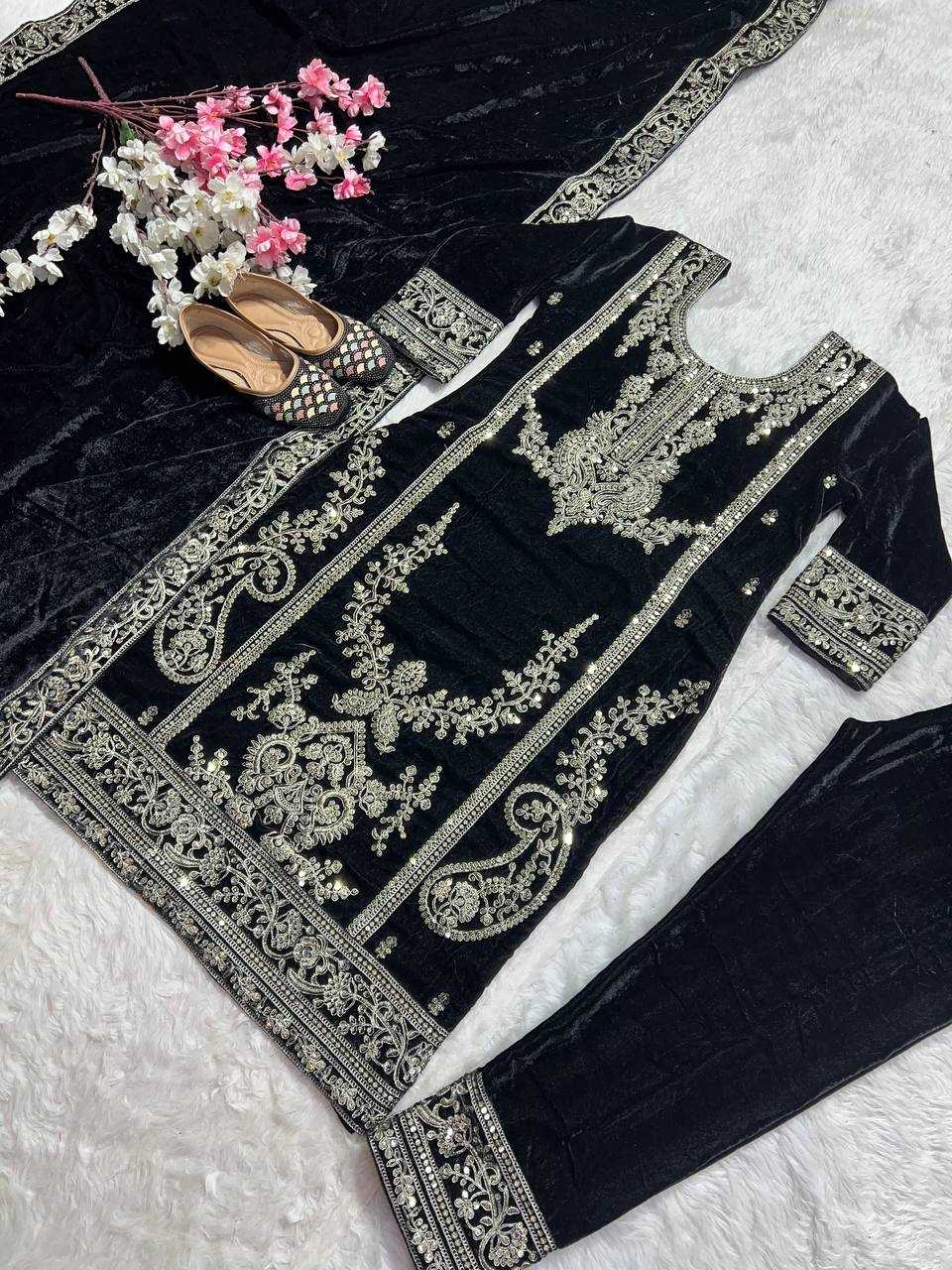 YNF VELVET KESH145 3025 SUITS & DRESSES WHOLESALE EMBROIDERED VELVET PARTY WEAR BLACK SUITS MANUFACTURE- Kapda Export