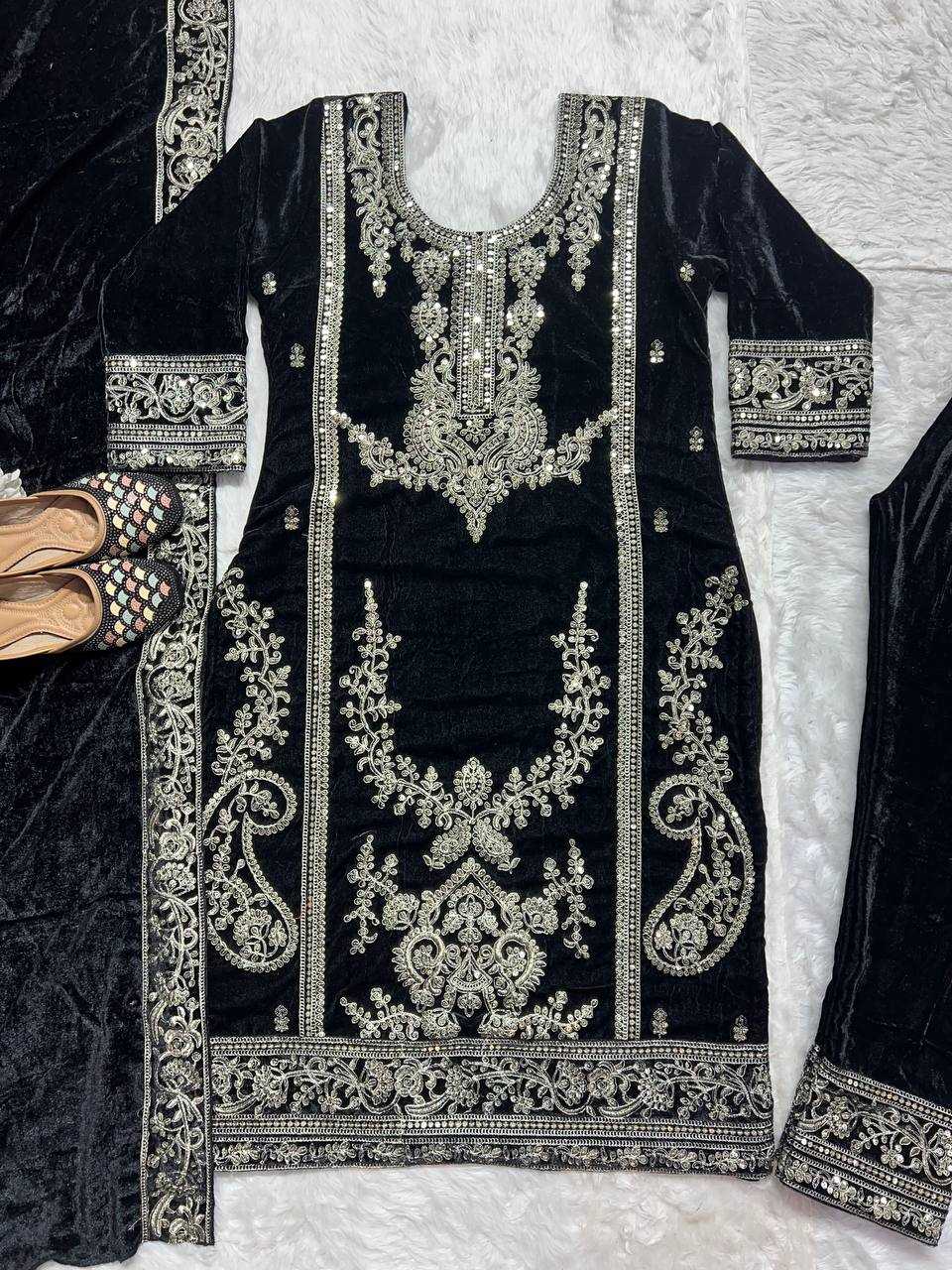 YNF VELVET KESH145 3025 SUITS & DRESSES WHOLESALE EMBROIDERED VELVET PARTY WEAR BLACK SUITS MANUFACTURE- Kapda Export