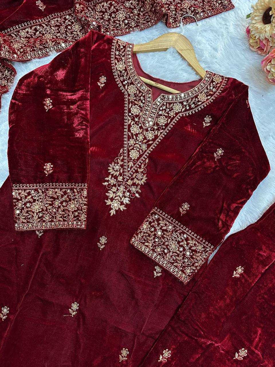 YNF VELVET KESH147 235 SUITS & DRESSES WHOLESALE EMBROIDERED PARTY WEAR VELVET SUITS MANUFACTURER- Kapda Export