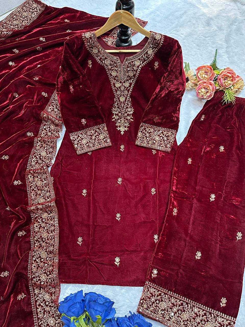 YNF VELVET KESH147 235 SUITS & DRESSES WHOLESALE EMBROIDERED PARTY WEAR VELVET SUITS MANUFACTURER- Kapda Export