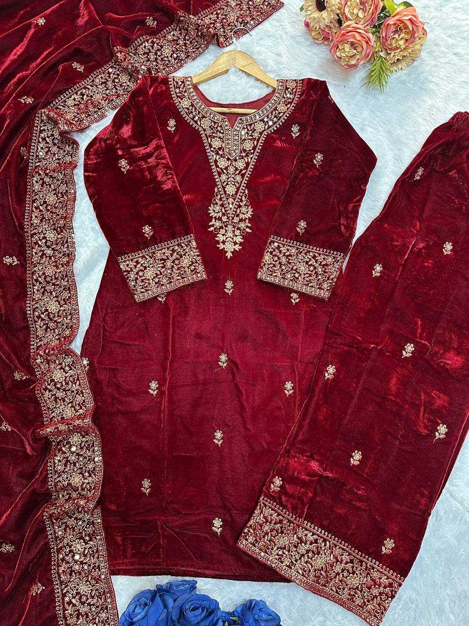 YNF VELVET KESH147 235 SUITS & DRESSES WHOLESALE EMBROIDERED PARTY WEAR VELVET SUITS MANUFACTURER- Kapda Export