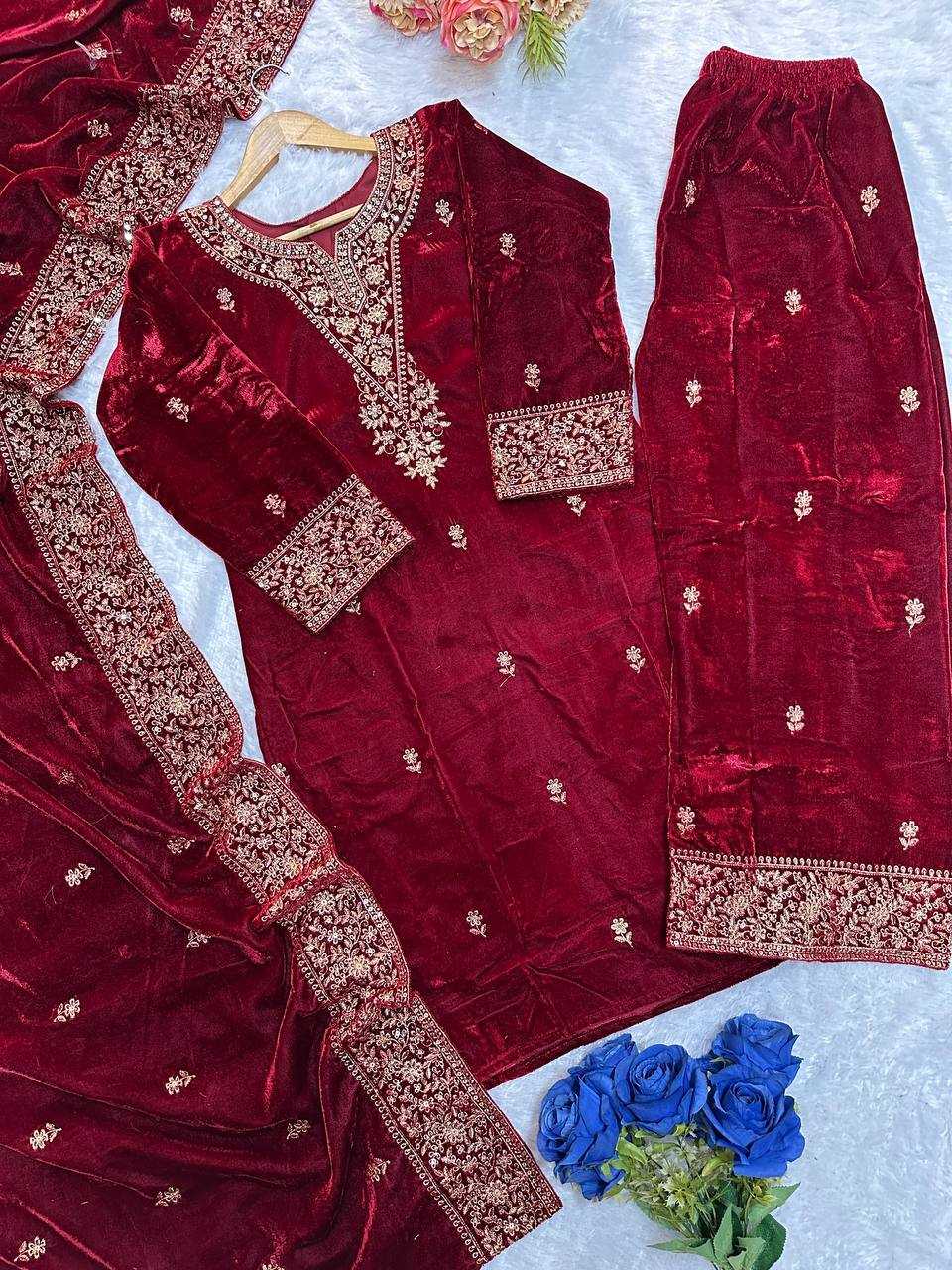 YNF VELVET KESH147 235 SUITS & DRESSES WHOLESALE EMBROIDERED PARTY WEAR VELVET SUITS MANUFACTURER- Kapda Export