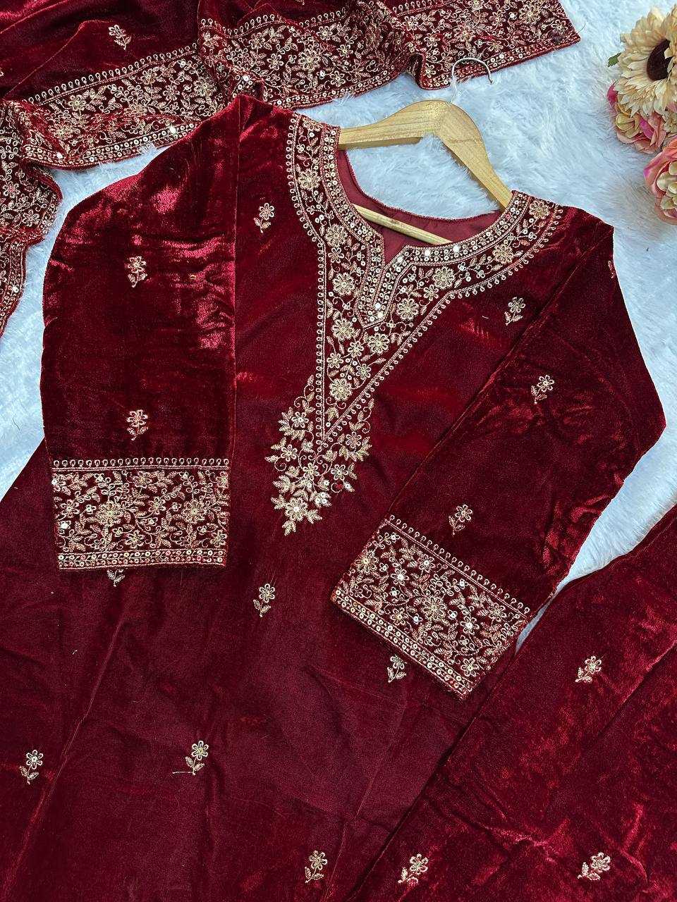 YNF VELVET KESH147 235 SUITS & DRESSES WHOLESALE EMBROIDERED PARTY WEAR VELVET SUITS MANUFACTURER- Kapda Export