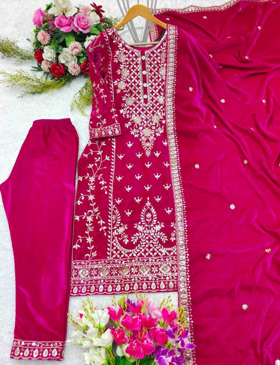 YNF VELVET KESH156 1136 SUITS & DRESSES WHOLESALE EMBROPIDERY VELVET WEDDING PINK SUITS MANUFACTURE- Kapda Export