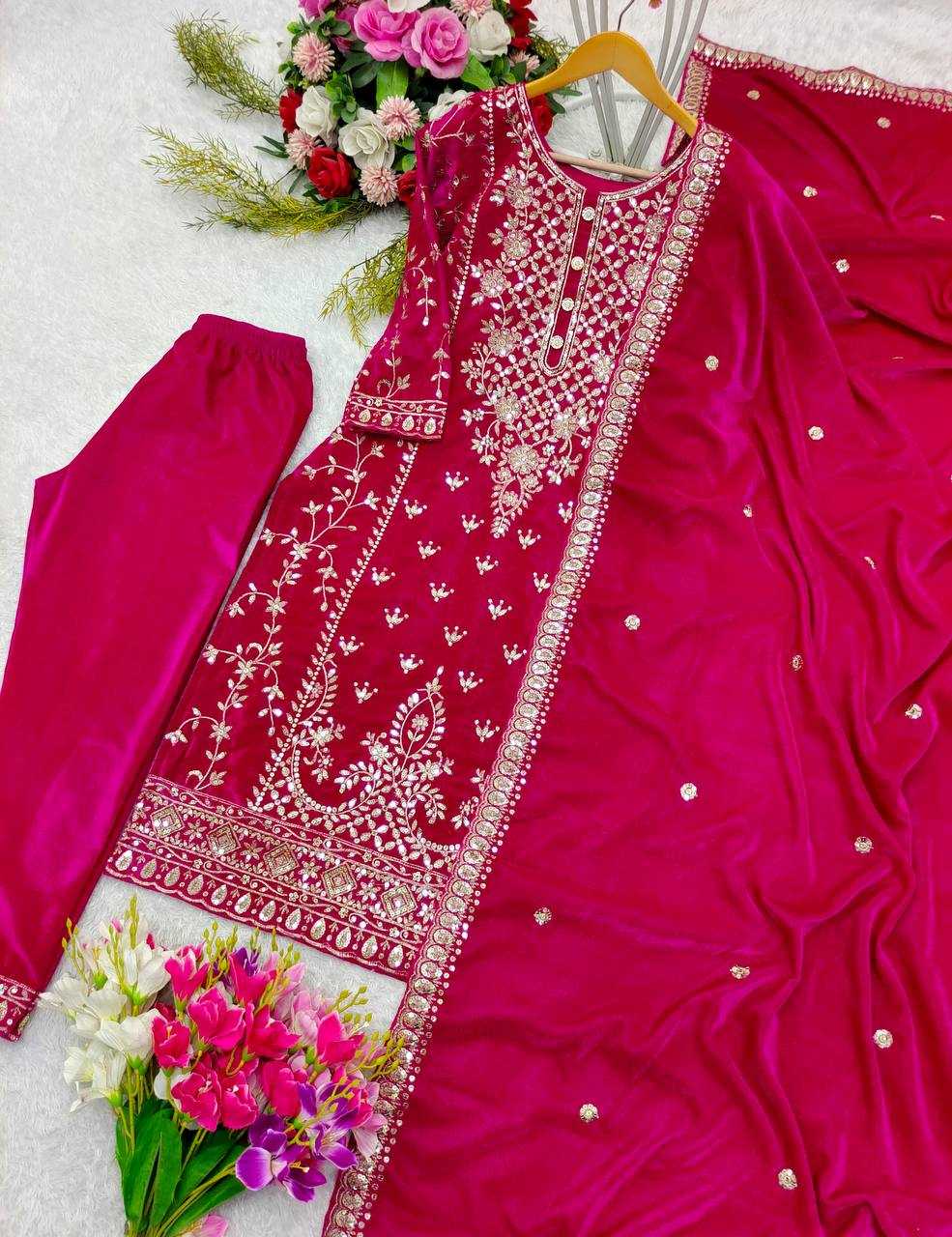 YNF VELVET KESH156 1136 SUITS & DRESSES WHOLESALE EMBROPIDERY VELVET WEDDING PINK SUITS MANUFACTURE- Kapda Export