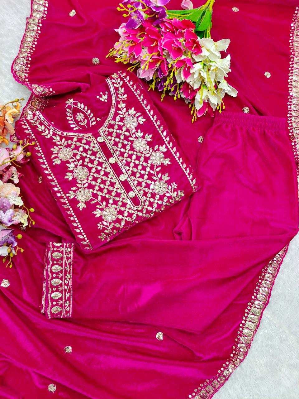 YNF VELVET KESH156 1136 SUITS & DRESSES WHOLESALE EMBROPIDERY VELVET WEDDING PINK SUITS MANUFACTURE- Kapda Export