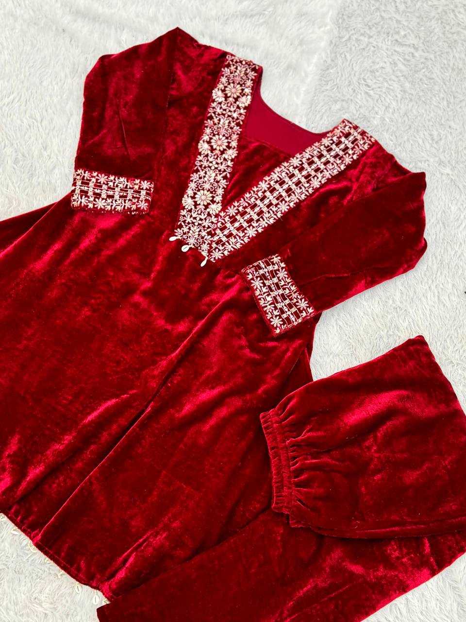 YNF VELVET KESH228 571 KURTIS WHOLESALE FESTIVE KURTI WITH BOTTOM EMBROIDERED EMBROIDERED V NECK RED KURTIS MANUFACTURER- Kapda Export