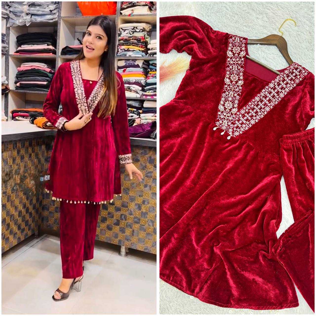 YNF VELVET KESH228 571 KURTIS WHOLESALE FESTIVE KURTI WITH BOTTOM EMBROIDERED EMBROIDERED V NECK RED KURTIS MANUFACTURER- Kapda Export