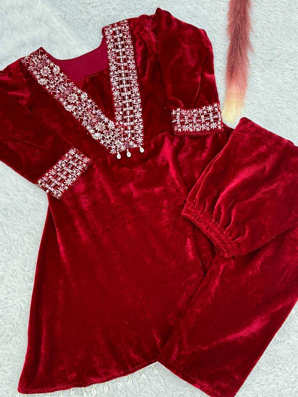 YNF VELVET KESH228 571 KURTIS WHOLESALE FESTIVE KURTI WITH BOTTOM EMBROIDERED EMBROIDERED V NECK RED KURTIS MANUFACTURER- Kapda Export