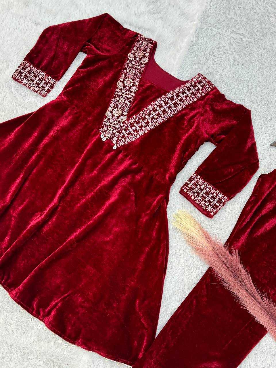 YNF VELVET KESH228 571 KURTIS WHOLESALE FESTIVE KURTI WITH BOTTOM EMBROIDERED EMBROIDERED V NECK RED KURTIS MANUFACTURER- Kapda Export