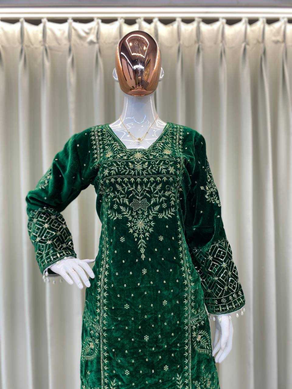 YNF VELVET RIN110 285 SUITS & DRESSES WHOLESALE EMBROIDEREY PARTY WEAR GREEN SALWAR VELVET SUITS MANUFACTURE- Kapda Export