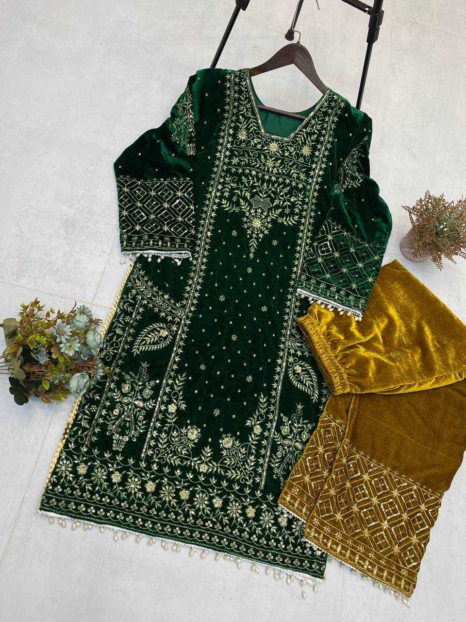 YNF VELVET RIN110 285 SUITS & DRESSES WHOLESALE EMBROIDEREY PARTY WEAR GREEN SALWAR VELVET SUITS MANUFACTURE- Kapda Export