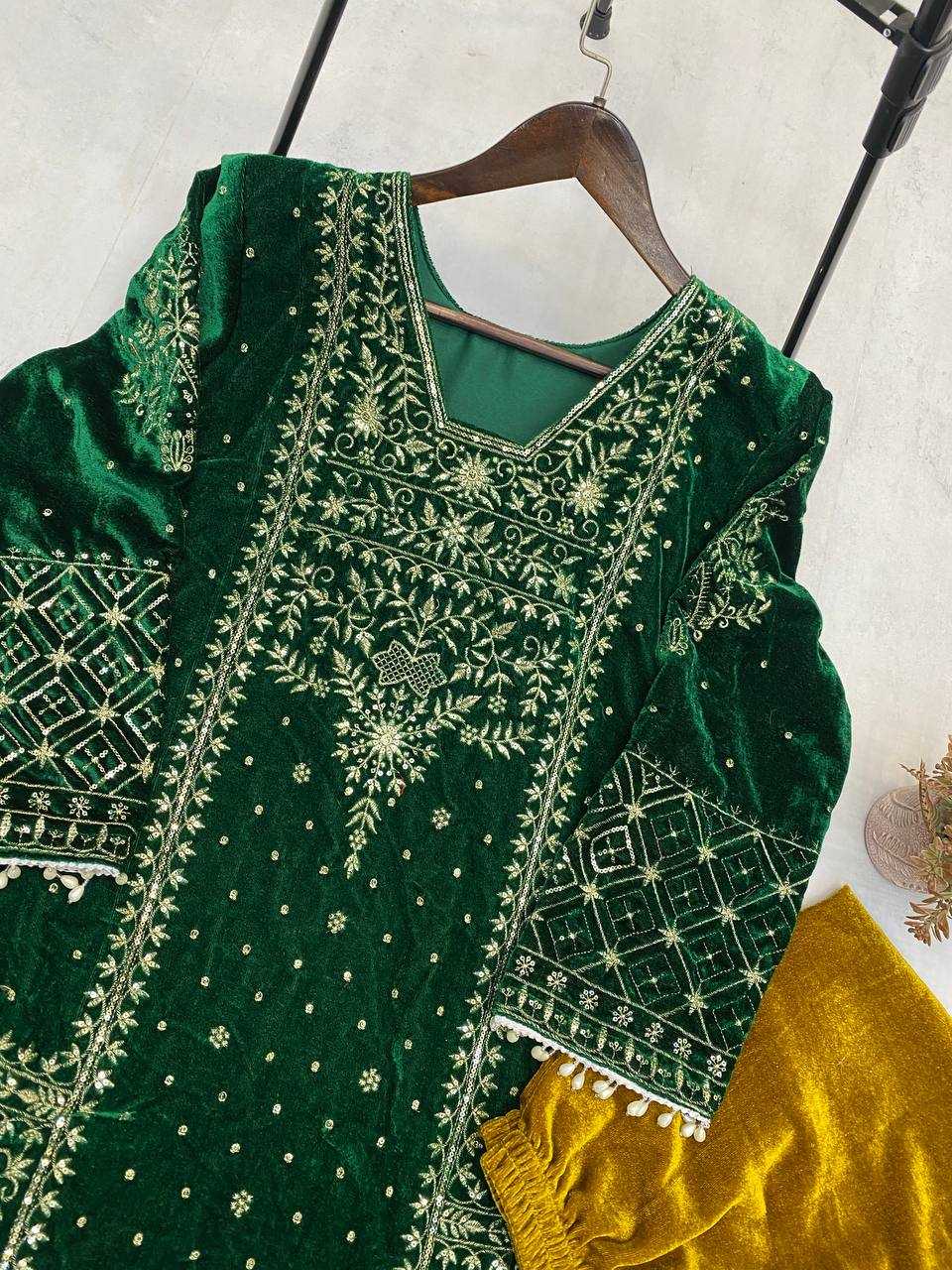 YNF VELVET RIN110 285 SUITS & DRESSES WHOLESALE EMBROIDEREY PARTY WEAR GREEN SALWAR VELVET SUITS MANUFACTURE- Kapda Export