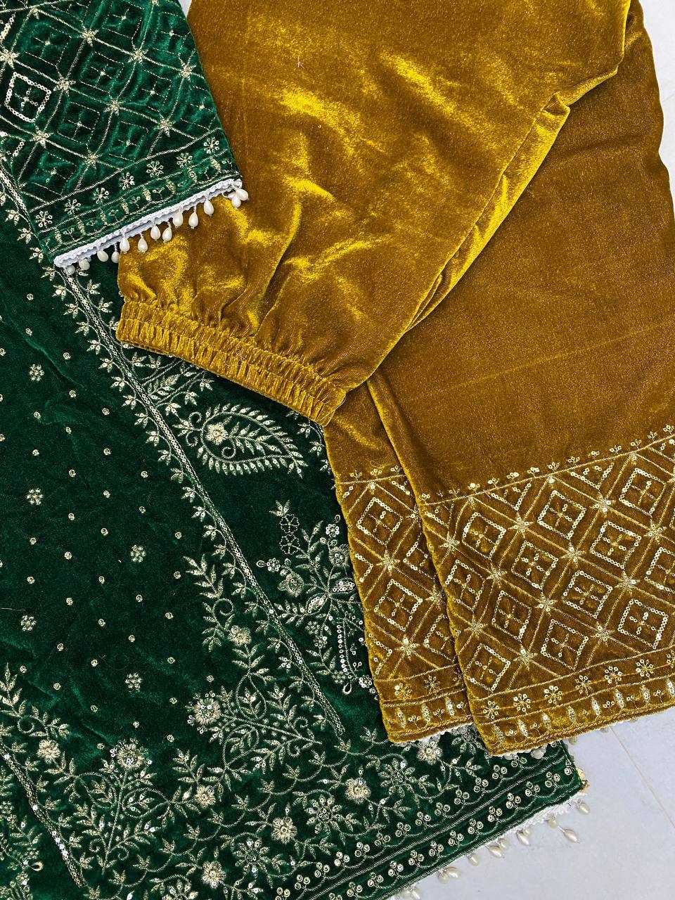 YNF VELVET RIN110 285 SUITS & DRESSES WHOLESALE EMBROIDEREY PARTY WEAR GREEN SALWAR VELVET SUITS MANUFACTURE- Kapda Export