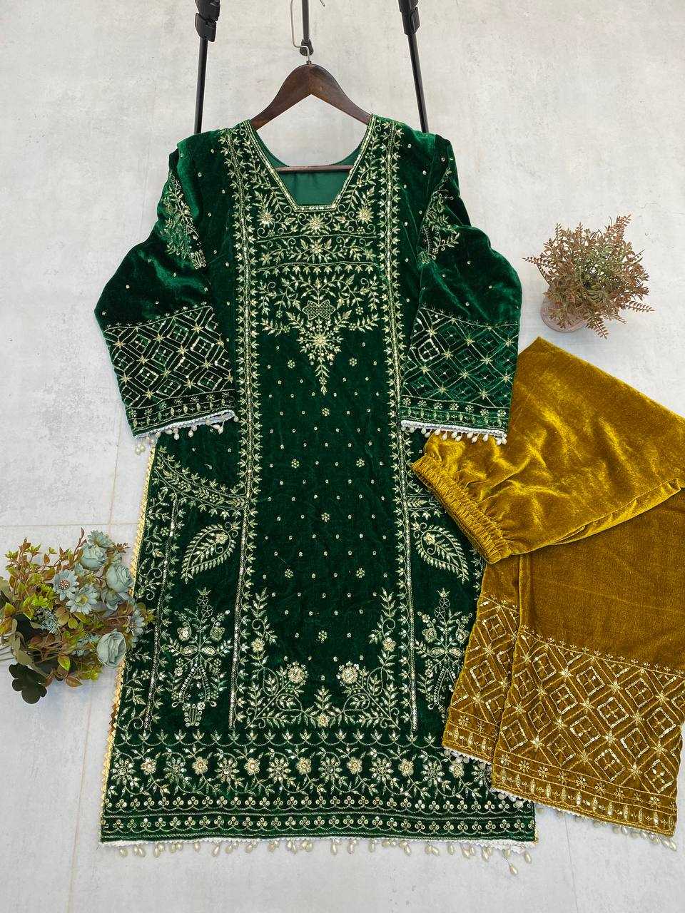 YNF VELVET RIN110 285 SUITS & DRESSES WHOLESALE EMBROIDEREY PARTY WEAR GREEN SALWAR VELVET SUITS MANUFACTURE- Kapda Export