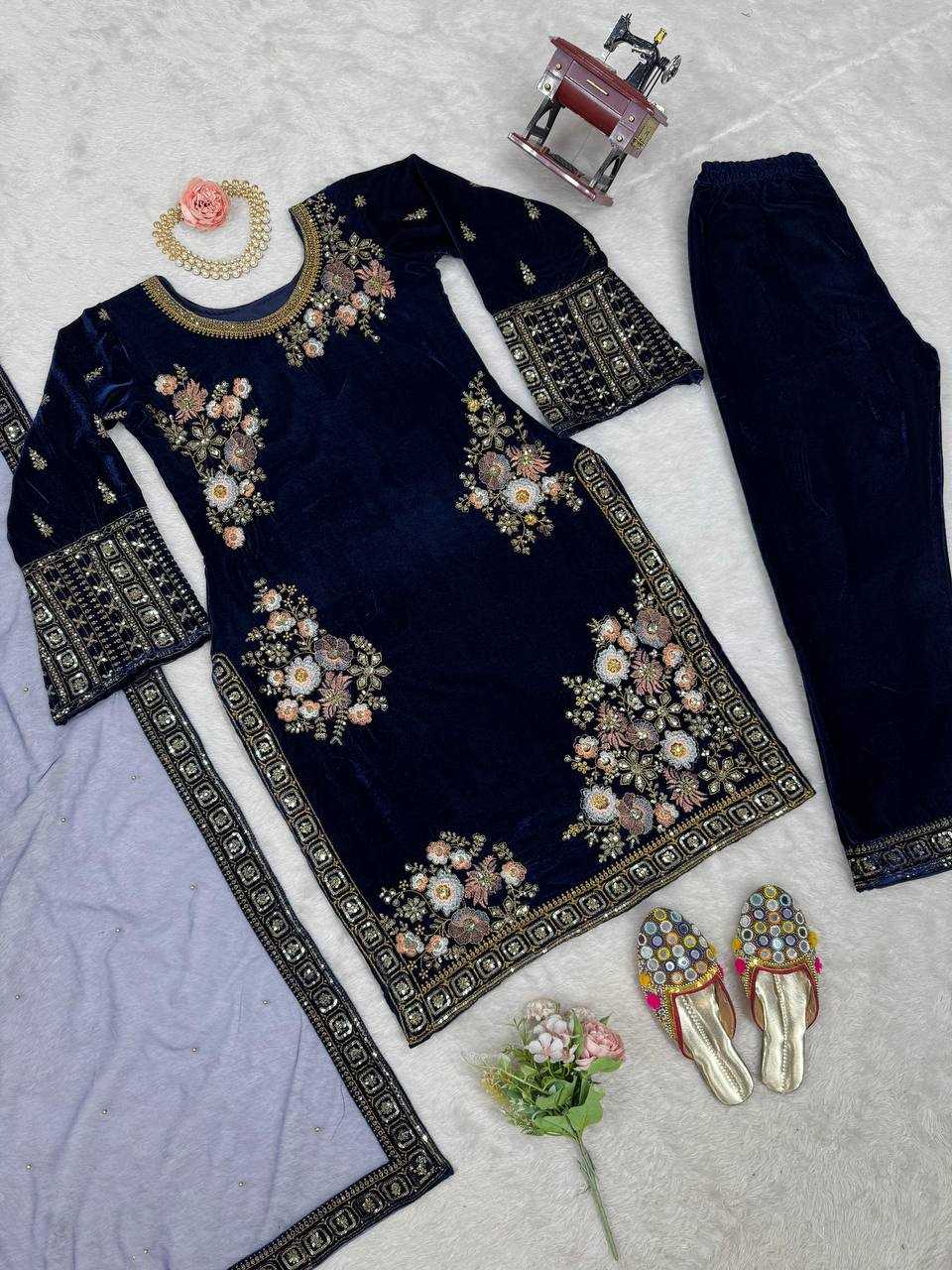 YNF VELVET RIN133 1488 SUITS & DRESSES WHOLESALE BLUE SALWAR EMBROIDERED PARTY WEAR VELVET SUITS MANUFACTURER- Kapda Export