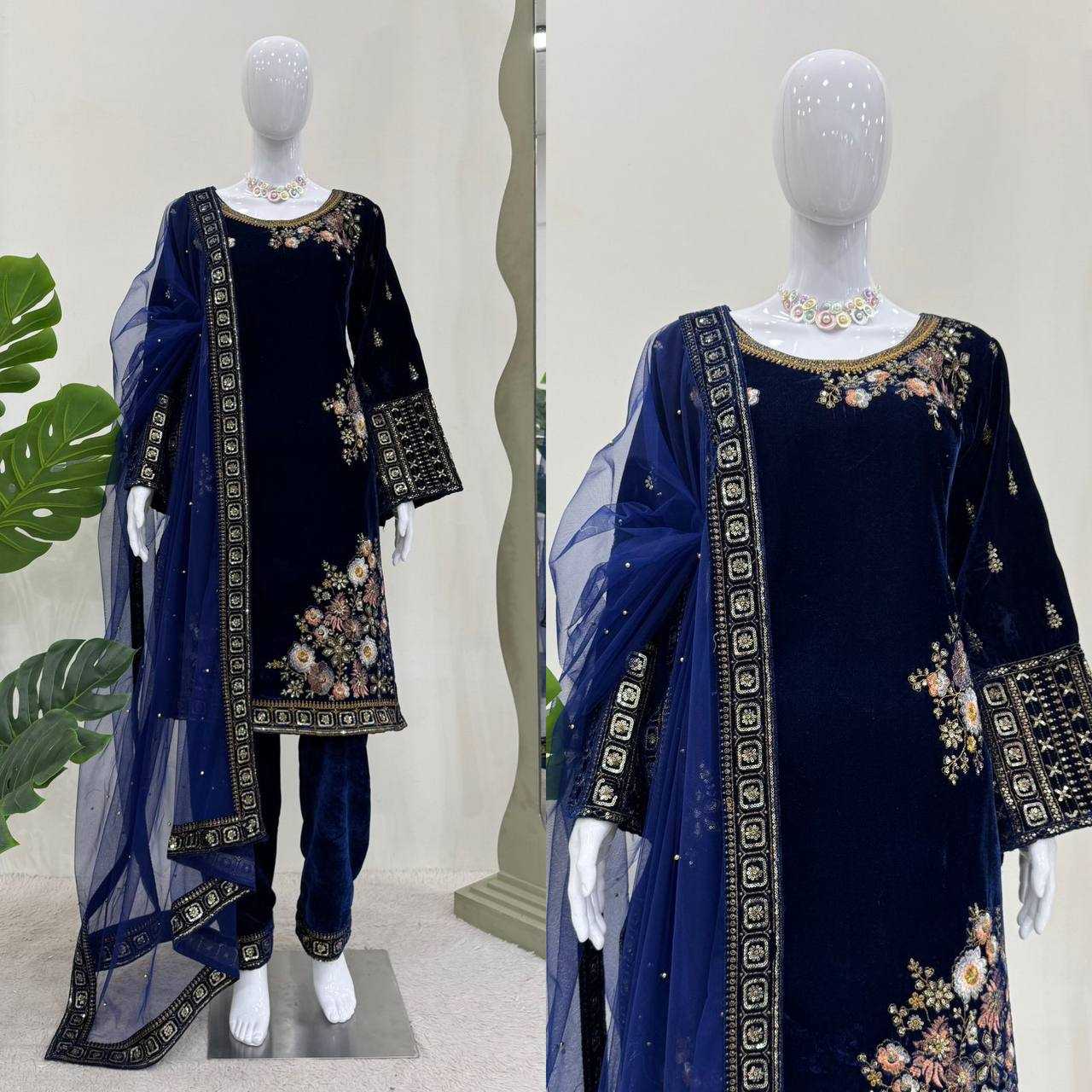 YNF VELVET RIN133 1488 SUITS & DRESSES WHOLESALE BLUE SALWAR EMBROIDERED PARTY WEAR VELVET SUITS MANUFACTURER- Kapda Export