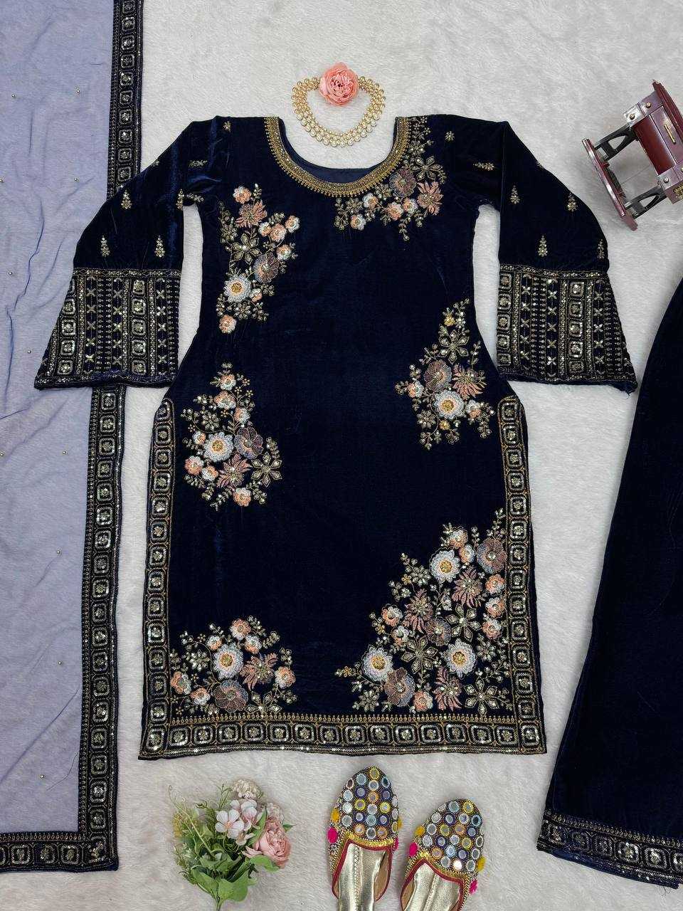 YNF VELVET RIN133 1488 SUITS & DRESSES WHOLESALE BLUE SALWAR EMBROIDERED PARTY WEAR VELVET SUITS MANUFACTURER- Kapda Export