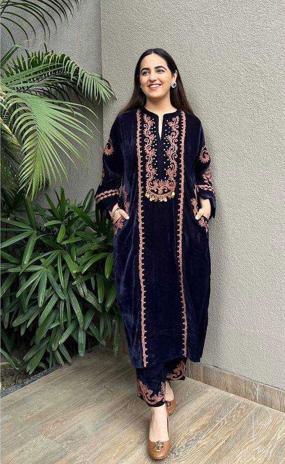 YNF VELVET RIN141 1890 KURTIS WHOLESALE PARTY WEAR KURTI WITH BOTTOM EMBROIDERED BLUE KURTIS MANUFACTURER- Kapda Export