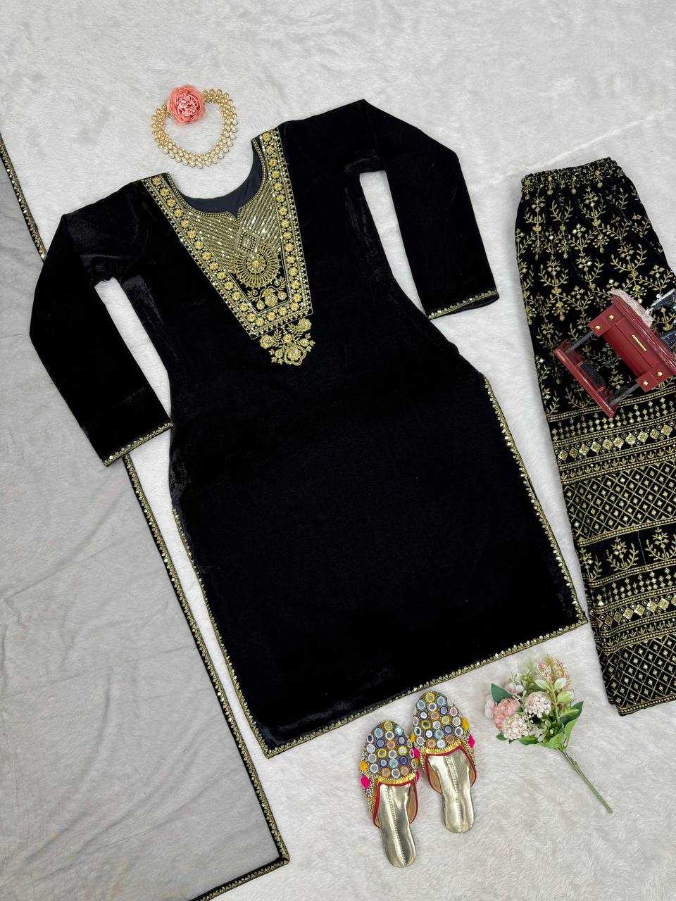 YNF VELVET RIN169 5775 SUITS & DRESSES WHOLESALE EMBROPIDERY VELVET PARTY WEAR BLACK SUITS MANUFACTURE- Kapda Export