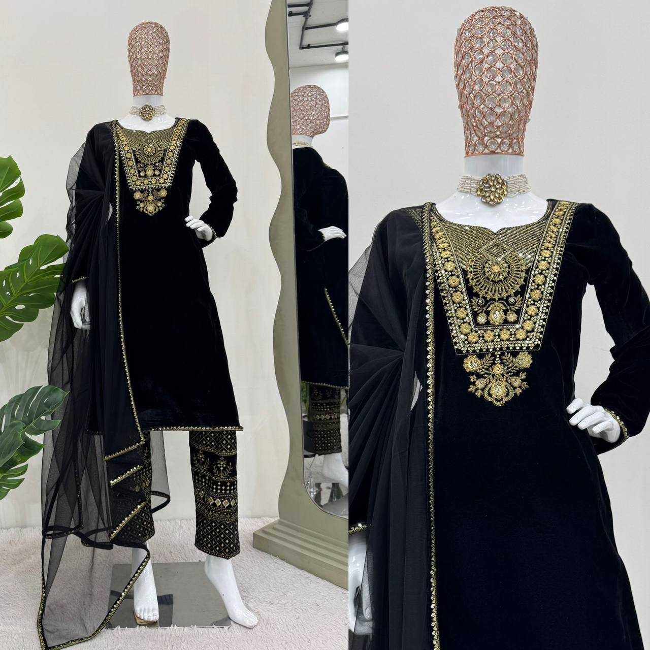 YNF VELVET RIN169 5775 SUITS & DRESSES WHOLESALE EMBROPIDERY VELVET PARTY WEAR BLACK SUITS MANUFACTURE- Kapda Export