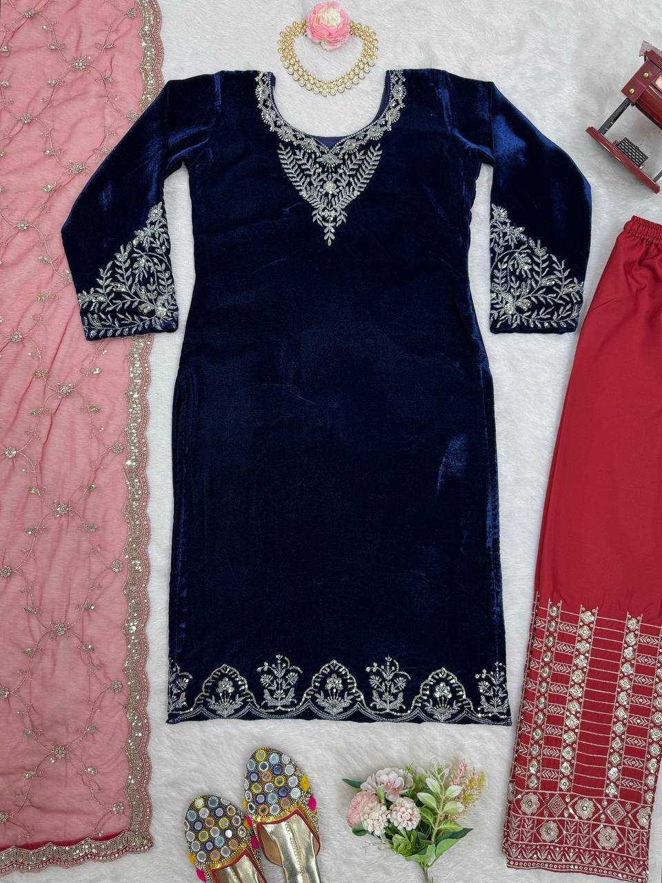 YNF VELVET RIN169 5777 SUITS & DRESSES WHOLESALE PARTY WEAR EMBROIDEREY BLUE SALWAR VELVET SUITS MANUFACTURE- Kapda Export