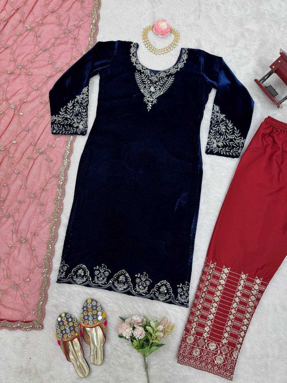 YNF VELVET RIN169 5777 SUITS & DRESSES WHOLESALE PARTY WEAR EMBROIDEREY BLUE SALWAR VELVET SUITS MANUFACTURE- Kapda Export