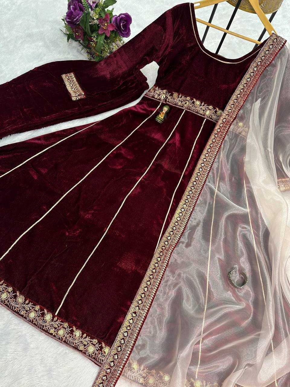 YNF VELVET RIN181 1070 GOWNS WHOLESALE EMBROIDERY ANARAKLLI MAROON VELVET GOWNS MANUFACTURER- Kapda Export