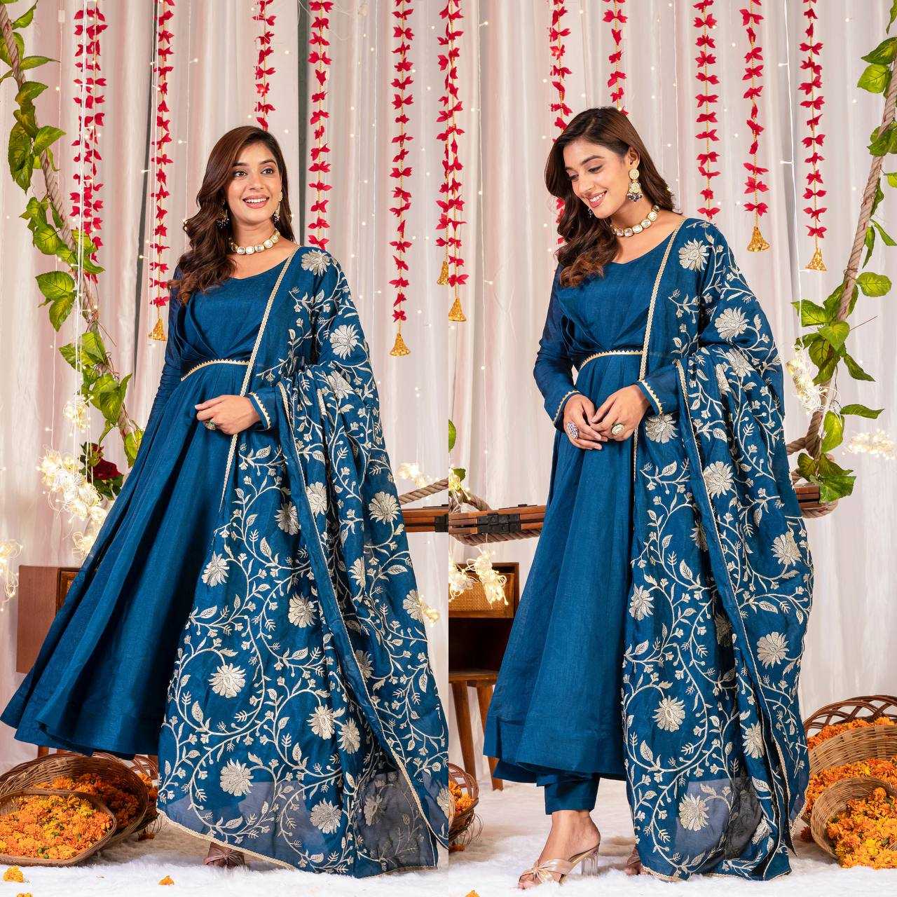 YNF VICHITRA SILK KESH144 1230 GOWNS WHOLESALE ANARKALI SILK FULL SLEEVE BLUE GOWNS MANUFACTURER- Kapda Export