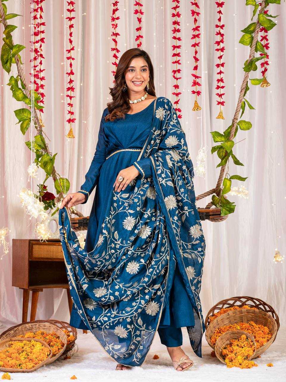 YNF VICHITRA SILK KESH144 1230 GOWNS WHOLESALE ANARKALI SILK FULL SLEEVE BLUE GOWNS MANUFACTURER- Kapda Export