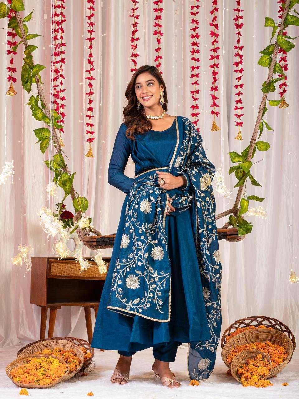 YNF VICHITRA SILK KESH144 1230 GOWNS WHOLESALE ANARKALI SILK FULL SLEEVE BLUE GOWNS MANUFACTURER- Kapda Export